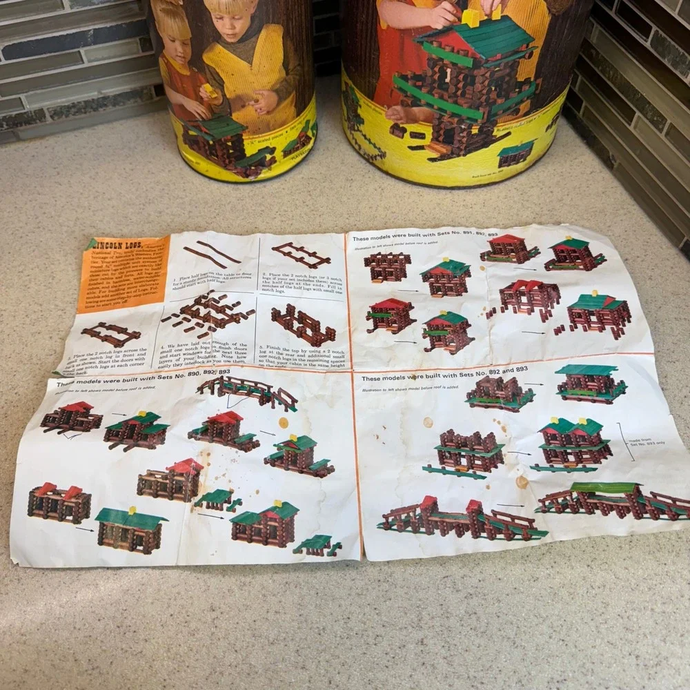 VTG Playskool Lincoln Logs Wood Building Sets No #890 & #893 w/ Canisters 300pc